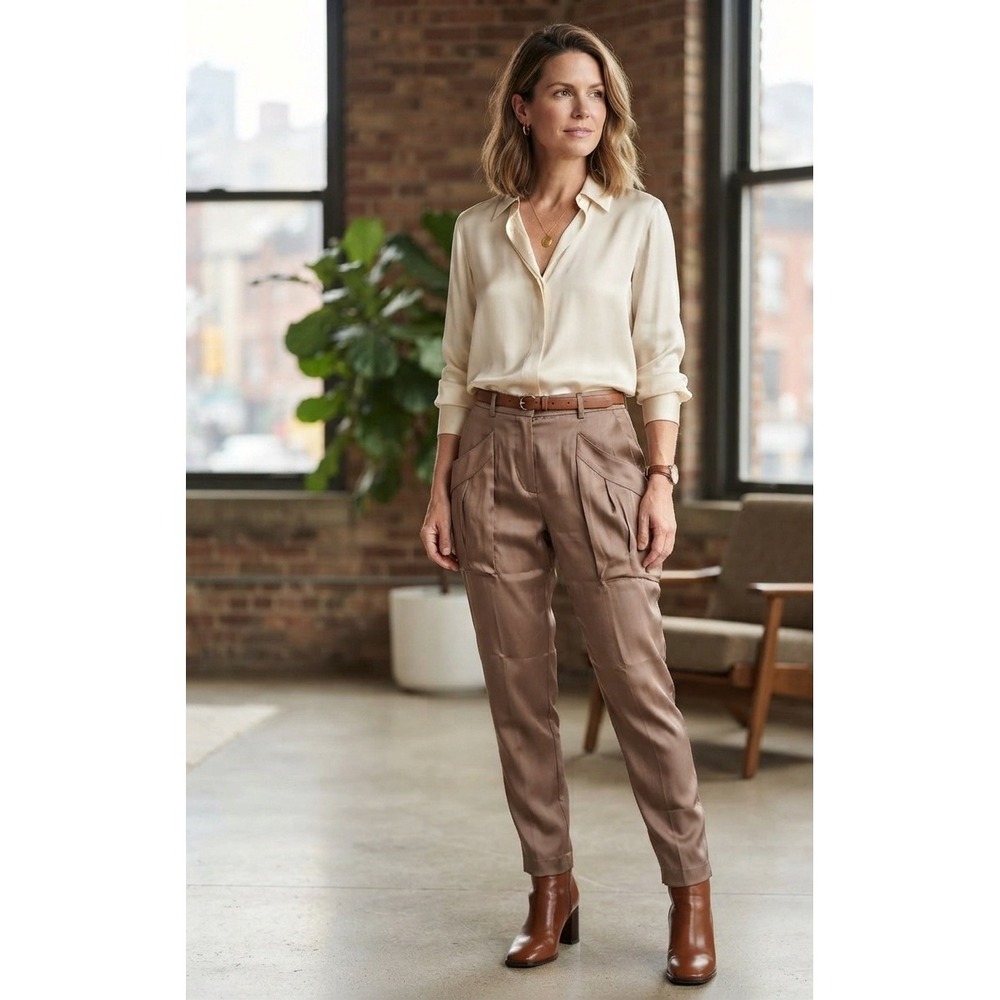 BCBGMAXAZRIA Keith Light Java Brown Draped Pocket Tapered Pants MSM2G018-N2X 8
